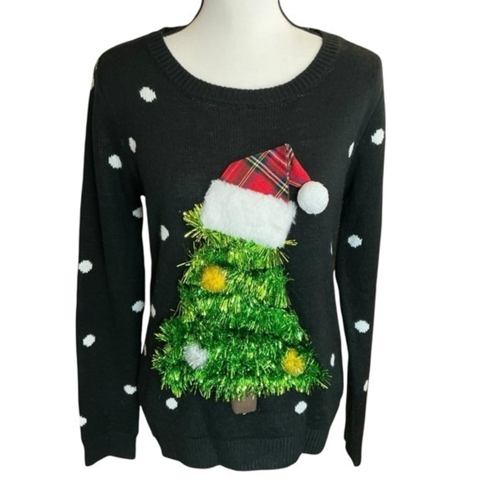 No Boundaries Festive Black Sweater with Christmas Tree Polka Dot‎ Long Sleeve L